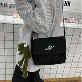 Canvas Shoulder Bag Messenger with Frog Embroidery