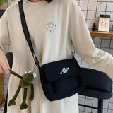 Canvas Shoulder Bag Messenger with Frog Embroidery