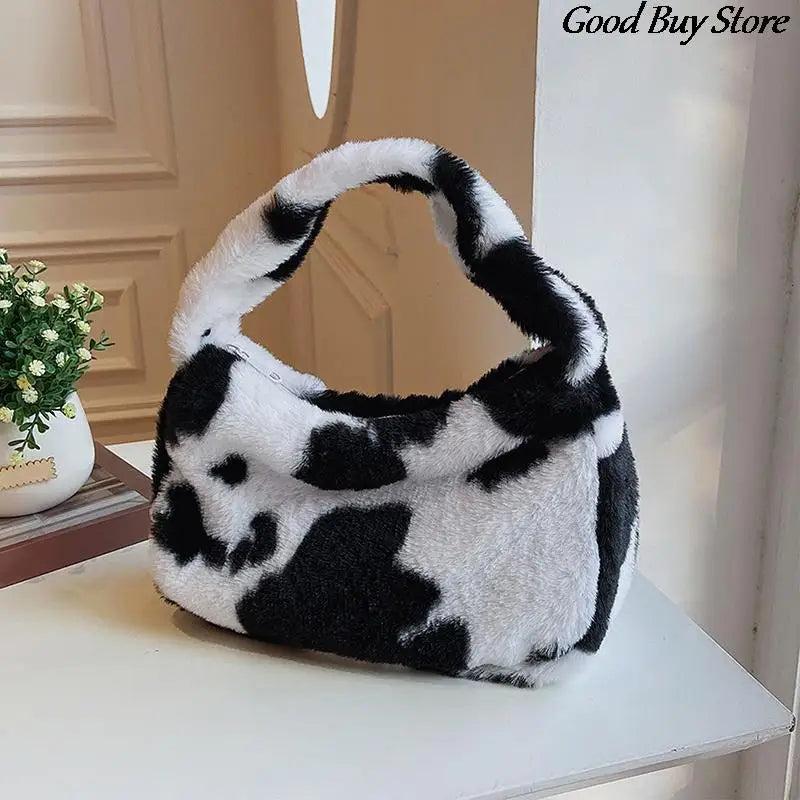 Autumn Winter Plush Handbags Flower Leopard Fluffy Fur Totes