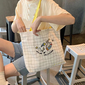 Vintage Canvas Embroidered Shoulder Bag Plaid Tote Gift