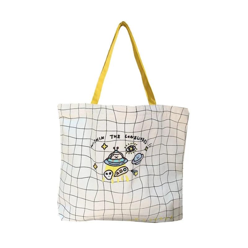 Vintage Canvas Embroidered Shoulder Bag Plaid Tote Gift