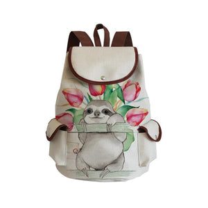 Floral Sloth Printed Linen Backpack Casual Bags Eco School Bag