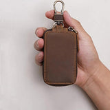 Brown Car Key Holder Case Dual Zipper Cowhide Portable with Keyring