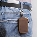Brown Car Key Holder Case Dual Zipper Cowhide Portable with Keyring