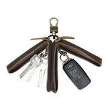 Brown Car Key Holder Case Dual Zipper Cowhide Portable with Keyring