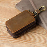 Brown Car Key Holder Case Dual Zipper Cowhide Portable with Keyring