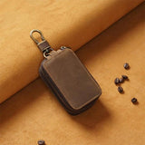 Brown Car Key Holder Case Dual Zipper Cowhide Portable with Keyring