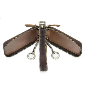 Brown Car Key Holder Case Dual Zipper Cowhide Portable with Keyring