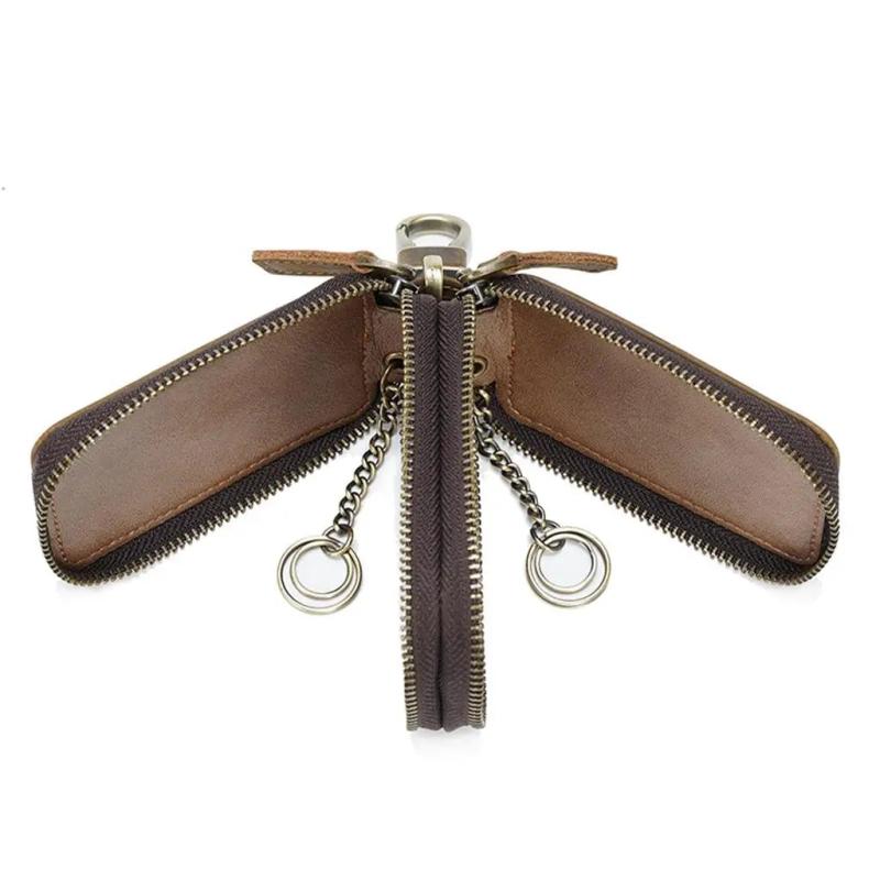 Brown Car Key Holder Case Dual Zipper Cowhide Portable with Keyring