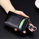 Oil Wax Leather Car Key Smart Wallet w/ Zipper Key Ring Organizer