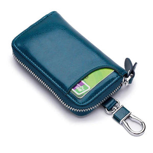 Oil Wax Leather Car Key Smart Wallet w/ Zipper Key Ring Organizer