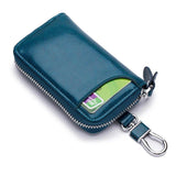 Oil Wax Leather Car Key Smart Wallet w/ Zipper Key Ring Organizer