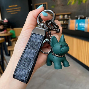 French Fighting Dog Horseshoe Buckle Car Keychain Leather Rope Key Chain