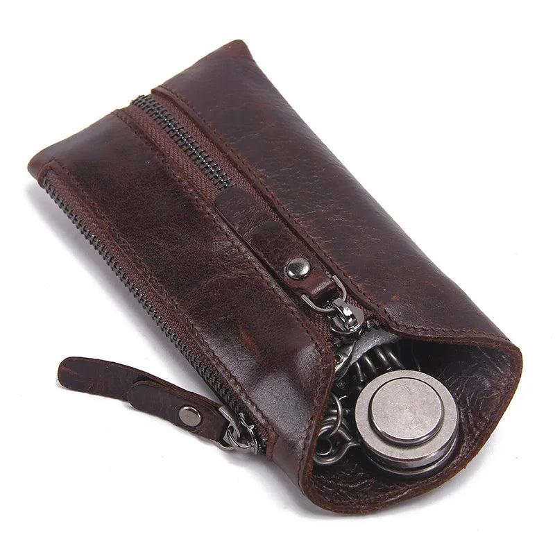 Men's Leather Key Wallet with 6 Key Holder Hooks Zipper Pocket
