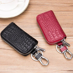 Stylish Cowhide Leather Key Organizer with Zipper Bag