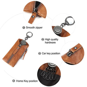 Leather Key Wallet Vintage Men Car Key Holder Zipper Keys Case
