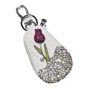 Diamond Flower Key Case Crystal Housekeepers Car Key Holder Leather Keychain