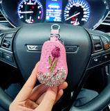 Diamond Flower Key Case Crystal Housekeepers Car Key Holder Leather Keychain
