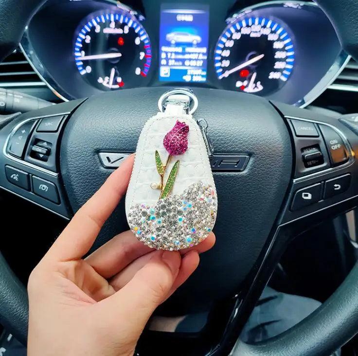 Diamond Flower Key Case Crystal Housekeepers Car Key Holder Leather Keychain