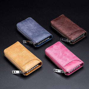 Vintage Oil Wax Leather Car Key Wallet with Zipper Organizer