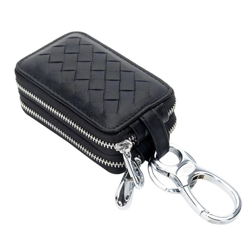 Goatskin Woven Car Key Purse Leather Key Holder Zippered Key Wallet
