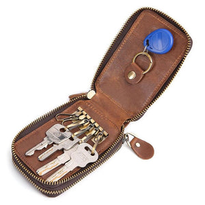 Unisex Car Key Bag Crazy Horse Cowhide Key Holder Leather Covers Hook