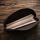 Vintage Crazy Horse Leather Pencil Bag Zipper Pen Case