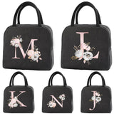 Pink Flower Letter Print Lunch Bag Cooler Tote Insulated Thermal Canvas
