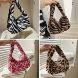 Women Leopard Shoulder Bag Soft Plush Handbag Winter Tote Purse