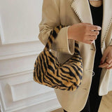 Women Leopard Shoulder Bag Soft Plush Handbag Winter Tote Purse