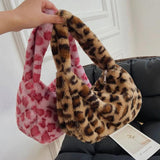 Women Leopard Shoulder Bag Soft Plush Handbag Winter Tote Purse