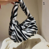 Women Leopard Shoulder Bag Soft Plush Handbag Winter Tote Purse