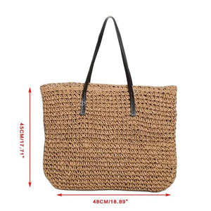 Bohemian Vintage Straw Tote Bag with Faux Leather Handle