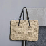 Bohemian Vintage Straw Tote Bag with Faux Leather Handle
