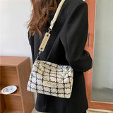 French Style Retro Woolen Plaid High Chain Messenger Bag Women
