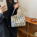 French Style Retro Woolen Plaid High Chain Messenger Bag Women