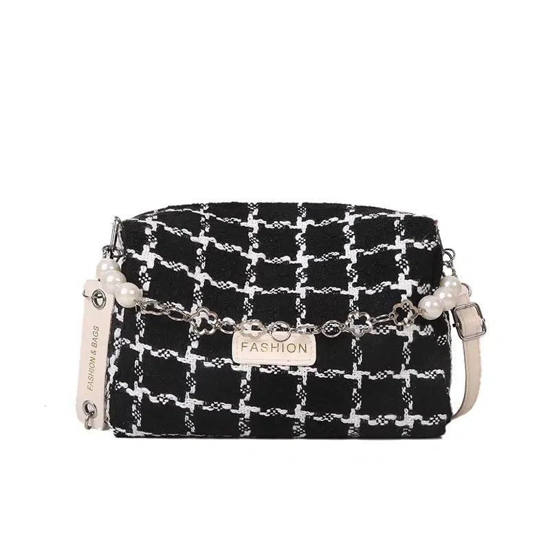 French Style Retro Woolen Plaid High Chain Messenger Bag Women