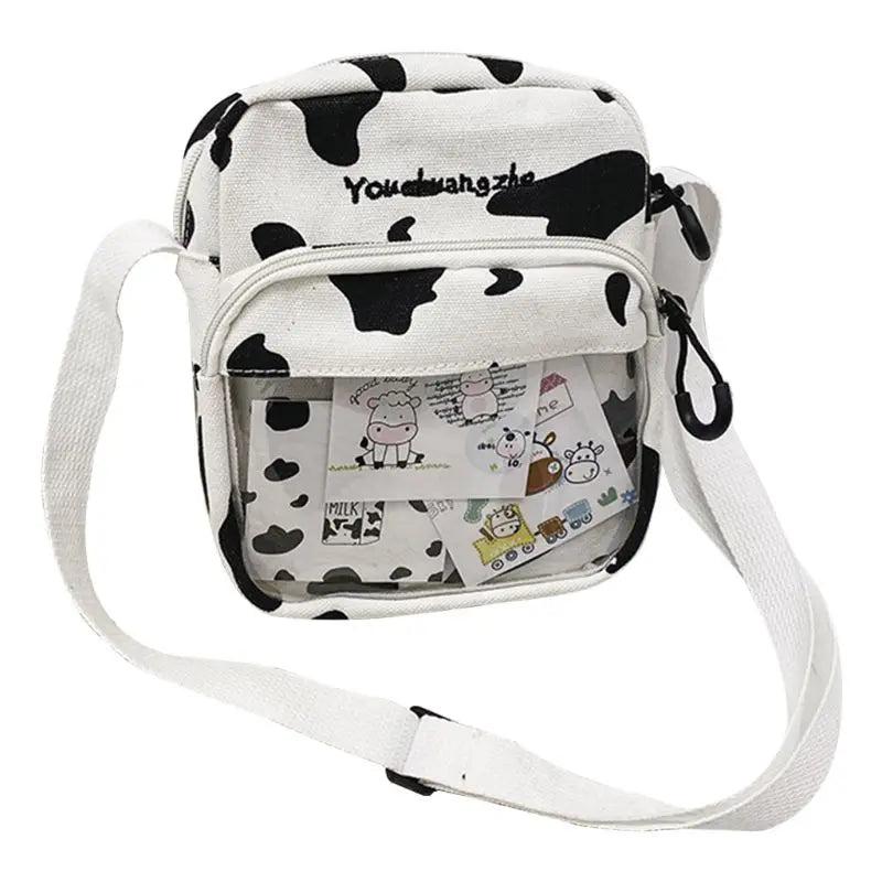 Cartoon Cow Print Shoulder Crossbody Bag Canvas Satchel