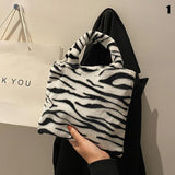 Women Soft Plush Small Plush Bags Cow Leopard Pattern Handbags Furry Fluffy Tote