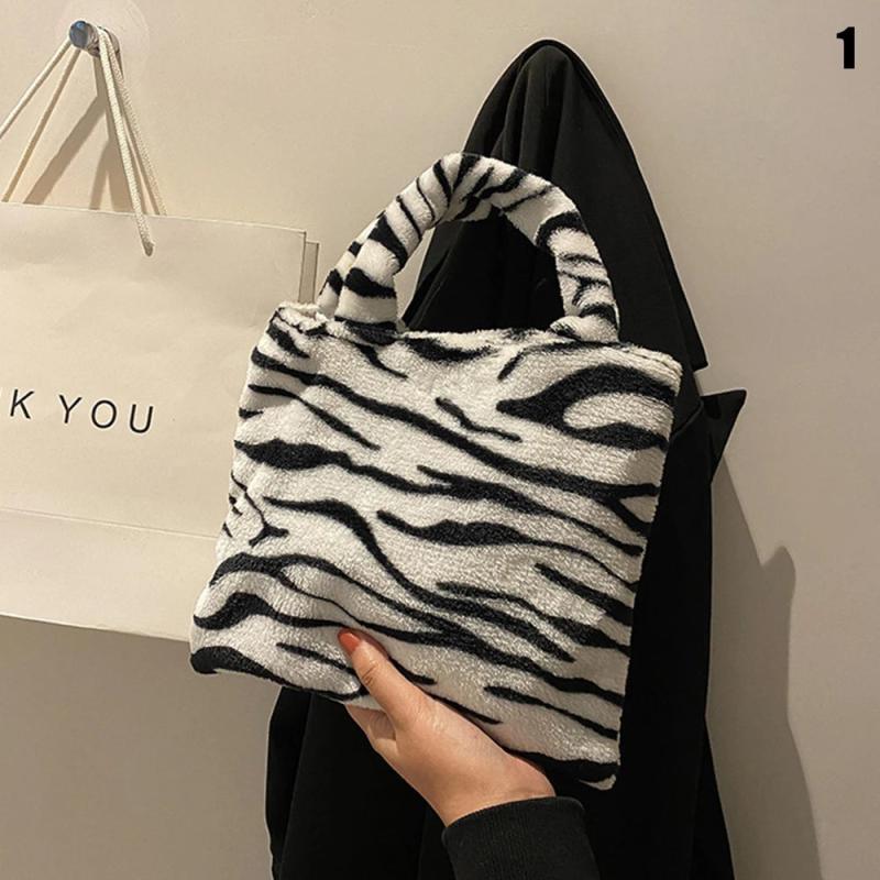 Women Soft Plush Small Plush Bags Cow Leopard Pattern Handbags Furry Fluffy Tote