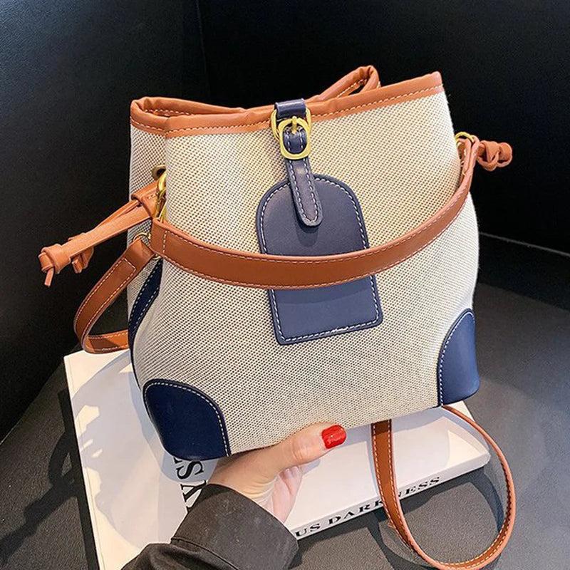 Canvas Bucket Shoulder Bag Contrast Texture Messenger Bag