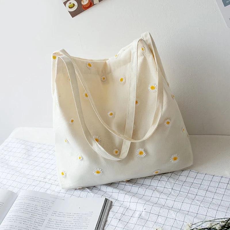 Women's Embroidered Shoulder Bag with Daisies