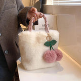 Women's Plush Tote Bag with Fluffy Pendant Magnetic Closure