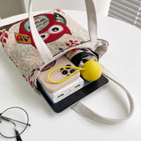 Vintage Graffiti Embroidery Animal Print Tote Bag with Short Handles