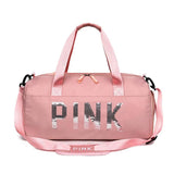 Pink Sequins Gym Bag with Shoe Compartment, Waterproof Sport Bag for Women