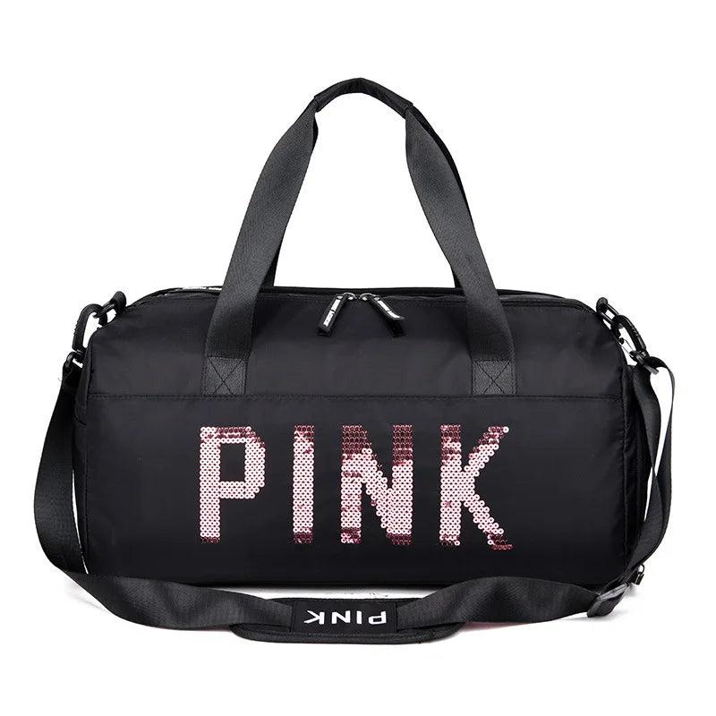 Pink Sequins Gym Bag with Shoe Compartment, Waterproof Sport Bag for Women