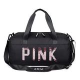 Pink Sequins Gym Bag with Shoe Compartment, Waterproof Sport Bag for Women