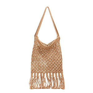 Womens Straw Beach Bag Mesh Tassel Foldable Shoulder Shopping Bag