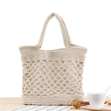 Portable Foldable Beach Bag for Women Solid Cotton Crochet Straw Bag