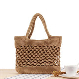 Portable Foldable Beach Bag for Women Solid Cotton Crochet Straw Bag